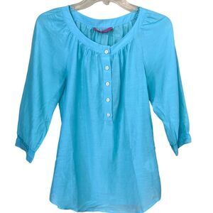 Trina Turk For Banana Collection Turquoise Silk Cotton Blue Blouse Size 0